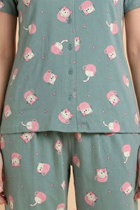 Zivame Farm Lore Knit Cotton Pyjama Set - Iceberg Green — thumbnail 5